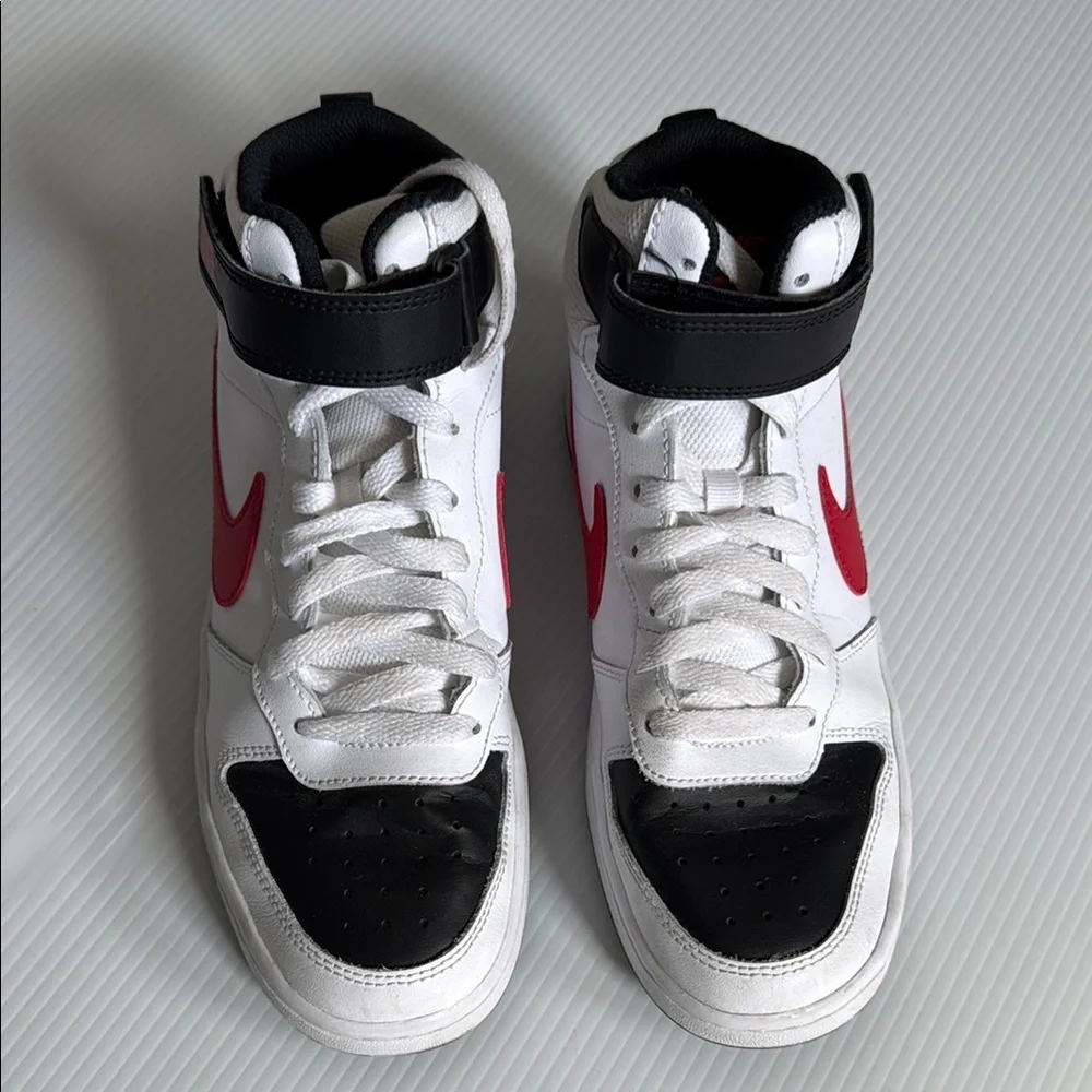 Nike Kids High-Top Sneakers - White, Black, and Red. Size 7
